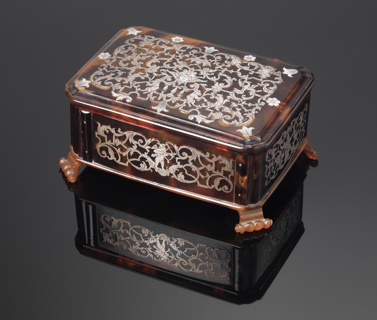 A rectangular tortoiseshell, silver piqué and mother of pearl box